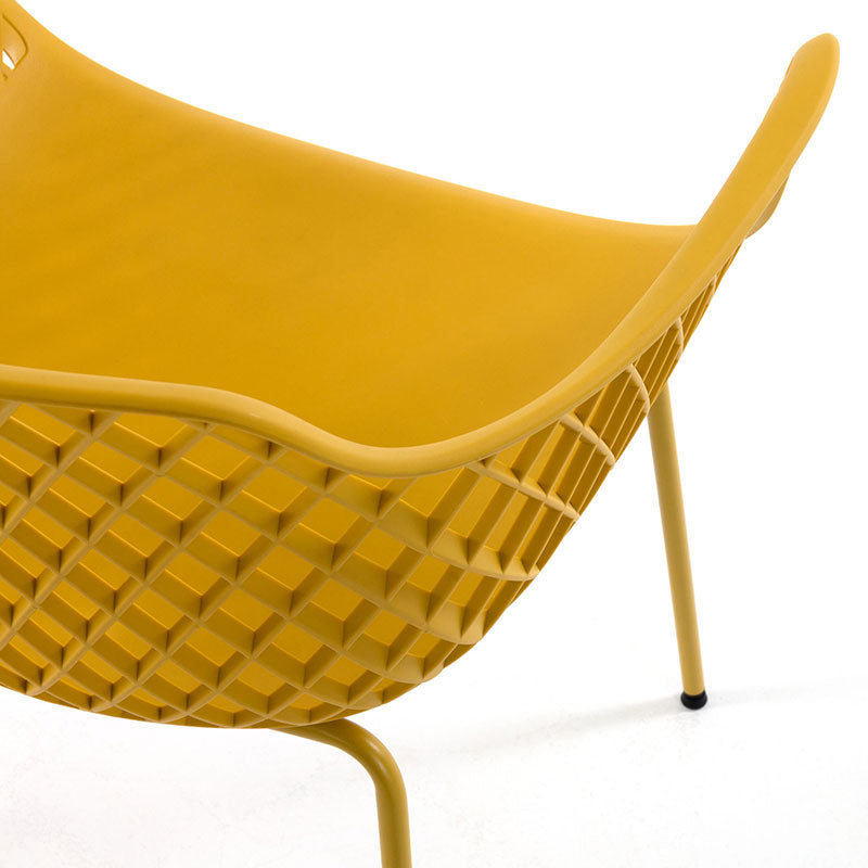 erica dining armchair recylcled plastic yellow metal painted frame close up