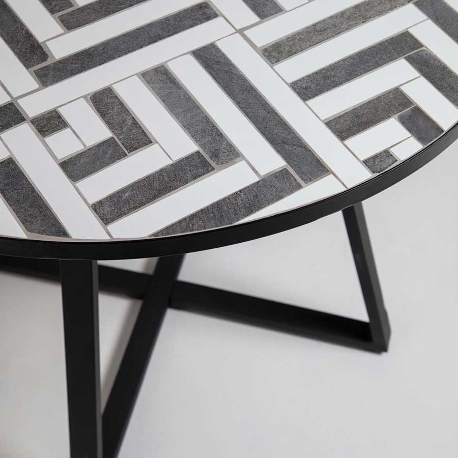 lux street ella terrazzo black white tile indoor outdoor alfresco galvanised black frame top tile detail close up
