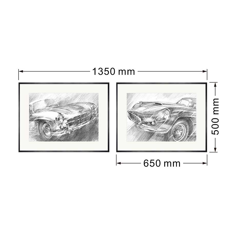 lux street muscle metal art pair classic cars sketch drawing mercedes jaguar SL ID002 landscape dimensions