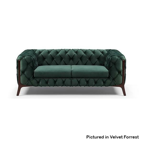 lux street oxford 2 seater H700 dimensions forrest green deep button detail diamond stitch timber arm frame