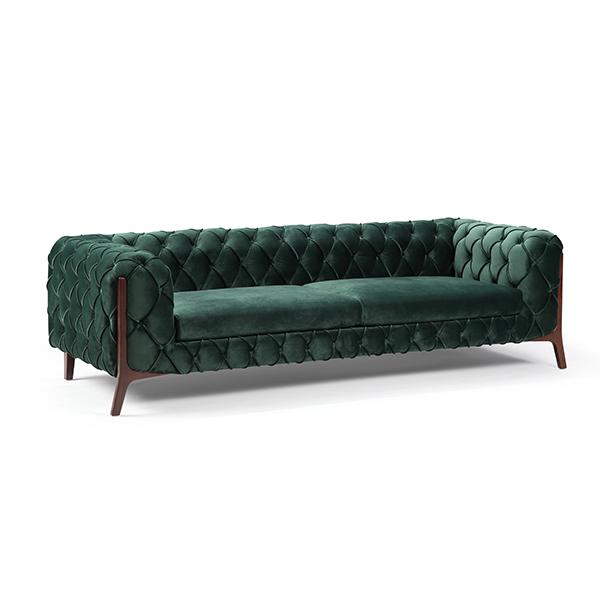 lux street oxford 3 seater H700 dimensions forrest green deep button detail diamond stitch timber arm frame side button view