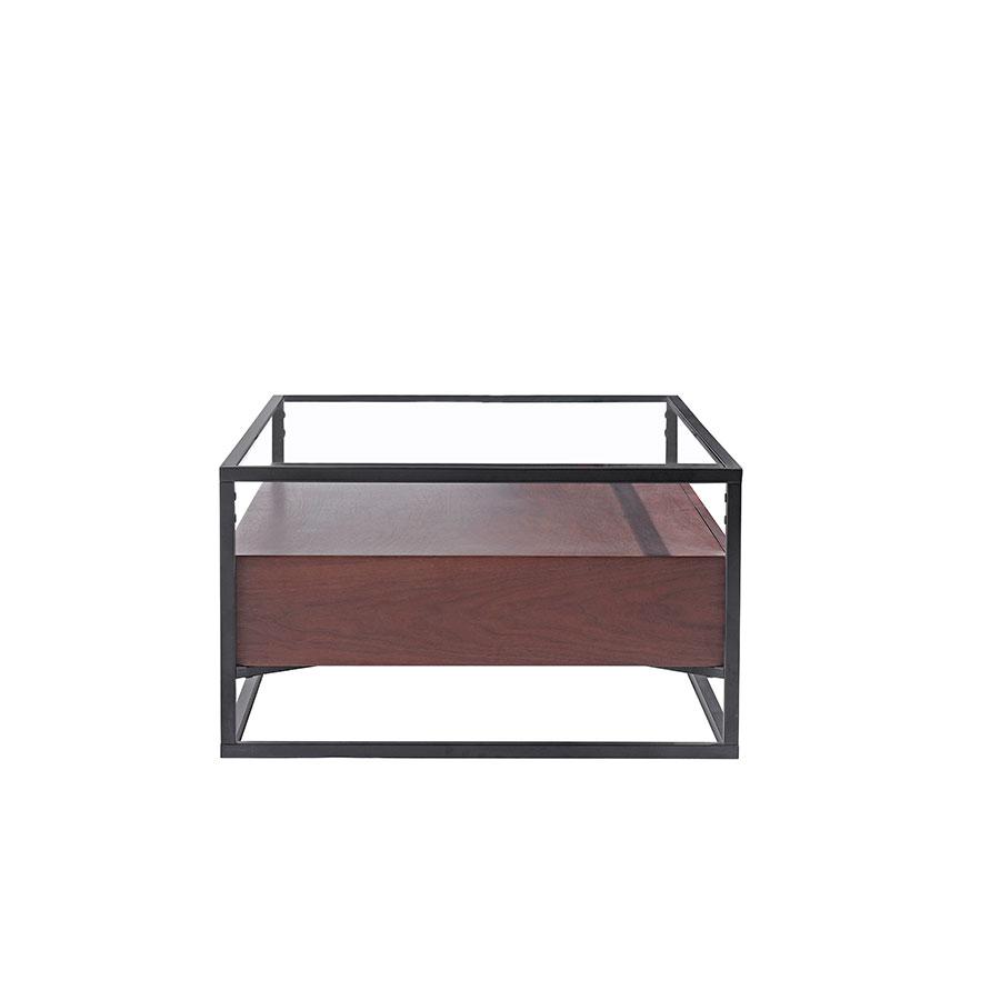 lux streeet tokyo coffee table black metal frame clear glass timber drawer cabinet side view