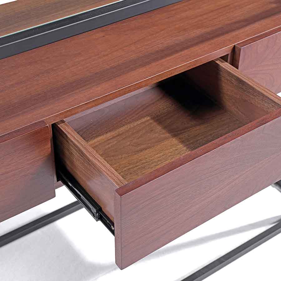 lux streeet tokyo console table black metal frame clear glass timber drawer cabinet detail view