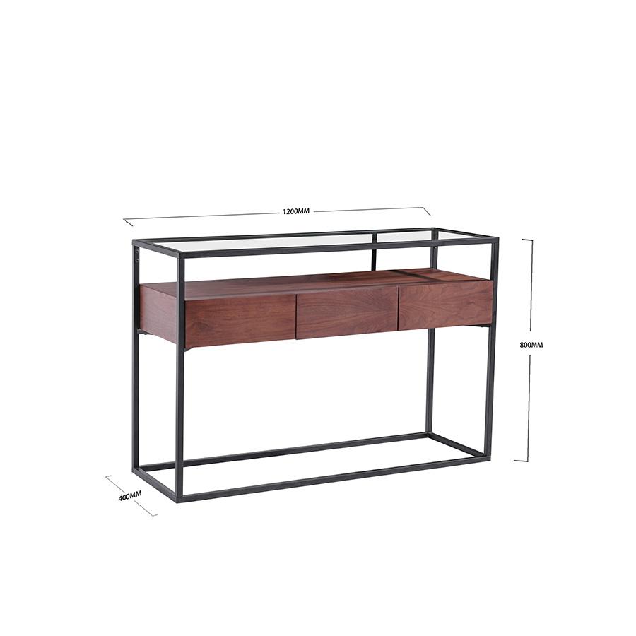 lux streeet tokyo console table black metal frame clear glass timber drawer cabinet dimensions