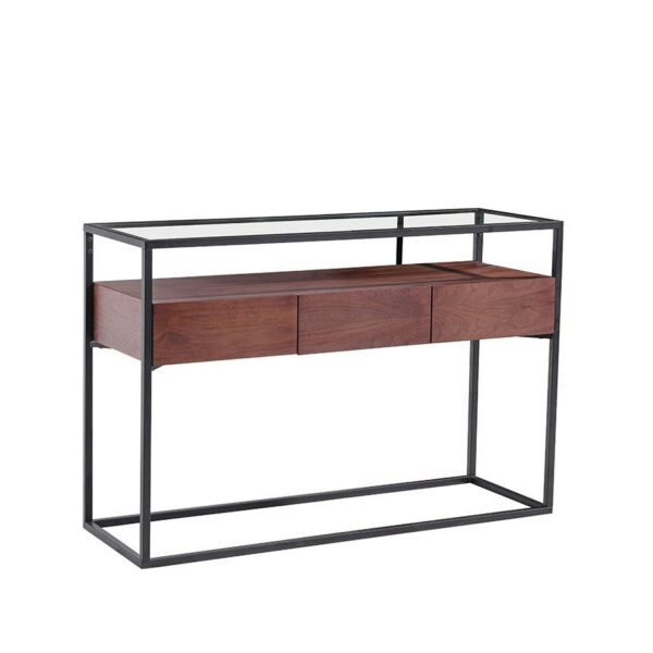 lux streeet tokyo console table black metal frame clear glass timber drawer cabinet main image