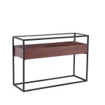lux streeet tokyo console table black metal frame clear glass timber drawer cabinet rear view