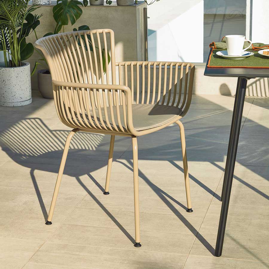 lux street avon indoor outdoor alfresco dining chair beige uv stabilised cushion lifestyle close up