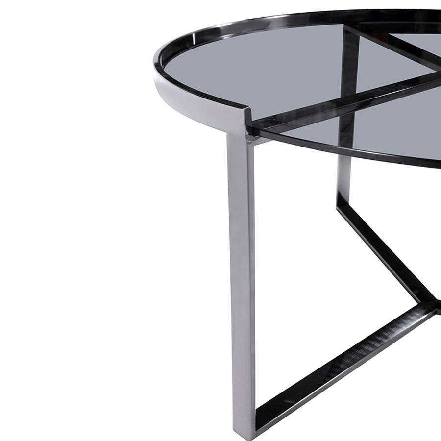 lux street cisco round coffee table black polished metal frame tinted glass top detail view