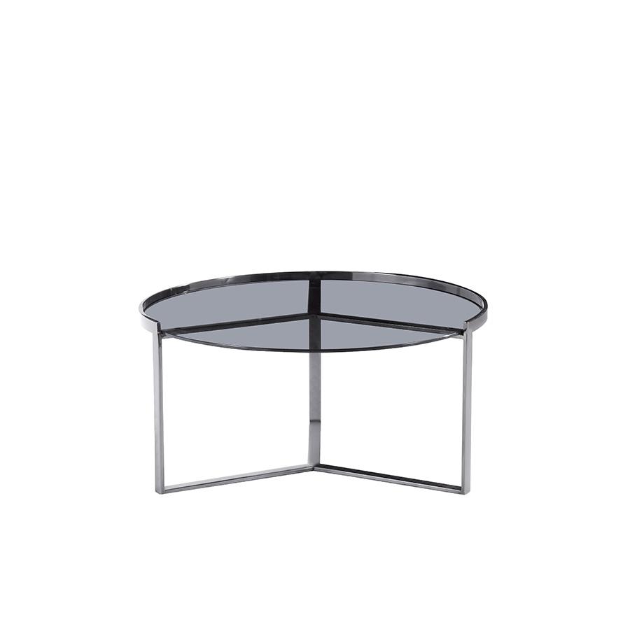 lux street cisco round coffee table black polished metal frame tinted glass top front view