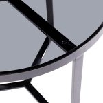 lux street cisco round side table black polished metal frame tinted glass top detail view