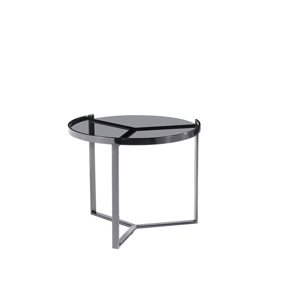 lux street cisco round side table black polished metal frame tinted glass top side view