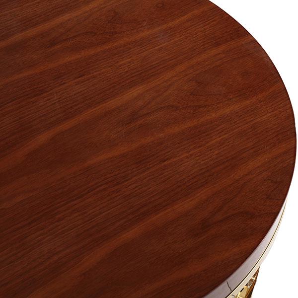 malibu round coffee table gold fretwork design frame walnut top detail d6d2619a 40b4 4449 b49b 5ffaf295c3df