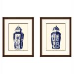 timber frame blue white oriental porcelain jars art set 01 LS PT1304 1