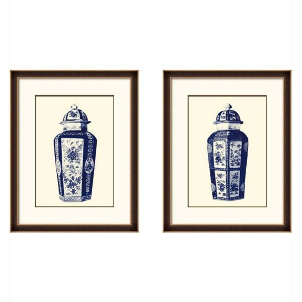 timber frame blue white oriental porcelain jars art set 01 LS PT1304 1