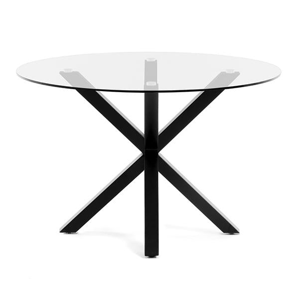 verona 120cm diameter round dining table black metal legs clear glass top 1 c63813fd 567a 4b32 88b1 7eb92d5d14da