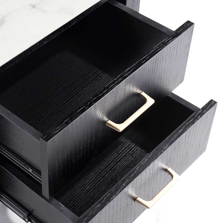 westpoint bedside table nightstand 2 drawer black oak gold handles carrara marble printed glass top drawer detail