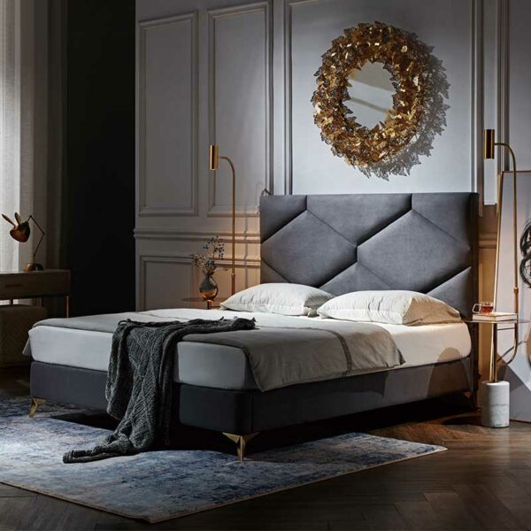 william luxury velvet king queen complete bed with diamond pattern headboard gold legs