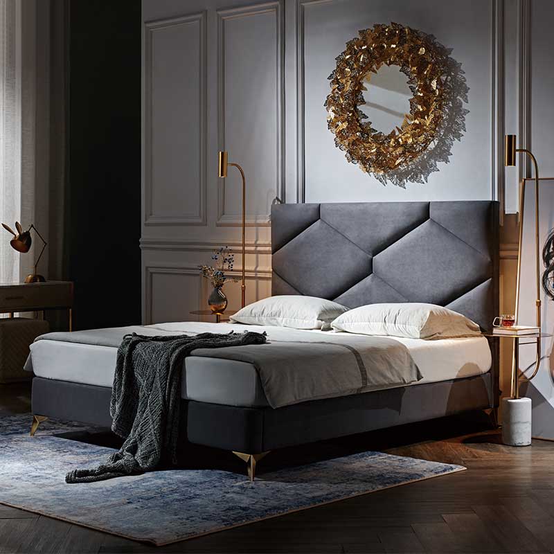 william luxury velvet king queen complete bed with diamond pattern headboard gold legs